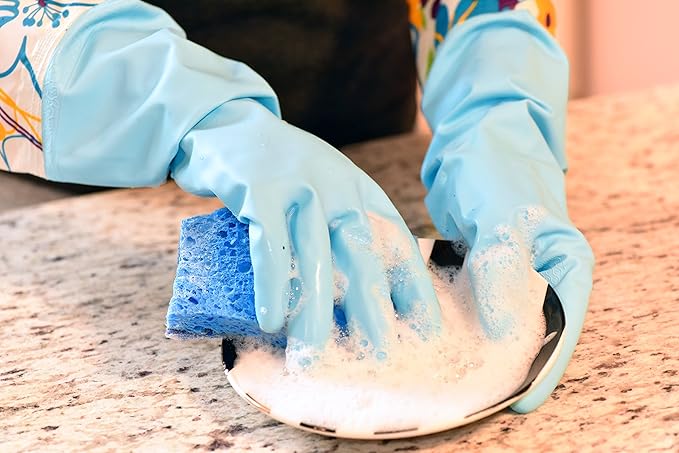 Household Gloves Latex-Free, 15" Long Cuff, Soft Lining, Adjustable Strap, Multi-Layer Protection, Flexible, Comfortable, Chemical-Resistant, Reusable for Cleaning, Dishwashing, 4 Pair Small