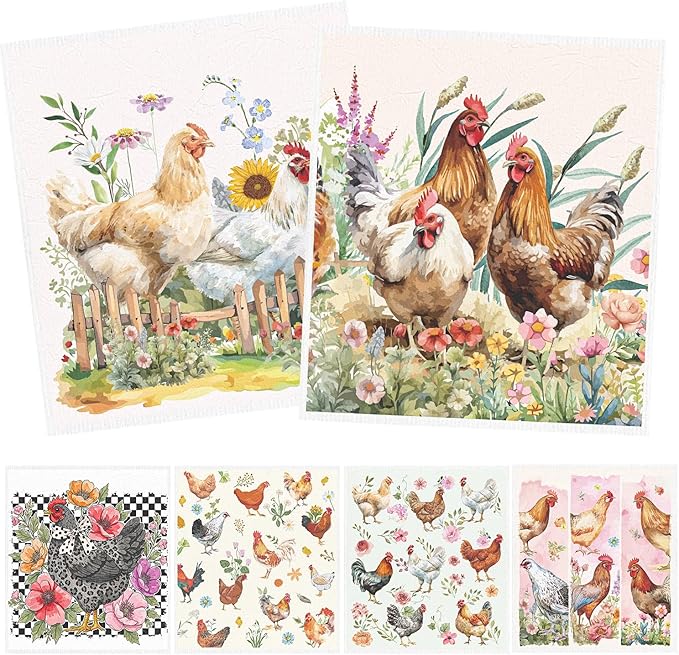 Swedish Dishcloths for Kitchen, 6PCS Chicken Rooster Swedish Dish Cloths Gift Set, Farm Reusable Washable Absorbent Dish Towel for Home Cleaning(7.8 X 7 Inches)