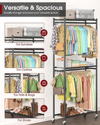 Sakugi Clothes Rack - 33.0" x 12.2" x 79.5" Clothing Rack with Shelves & Wheels, Multi-Functional Wardrobe Closet with Hooks, Sturdy Metal Garment Rack for Bedroom, Laundry, Balcony (Black)
