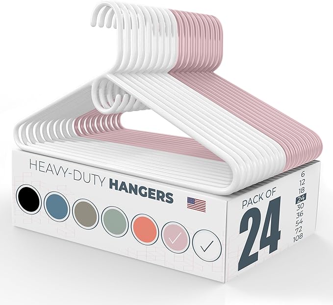 Neaties Heavy Duty Clothes Hangers 20 Pack (24 Count) – Made in the USA – 8lb Capacity Plastic Hangers for Adult Clothing – Durable for Pants, Coats, Jackets, or Jeans – White & Pink