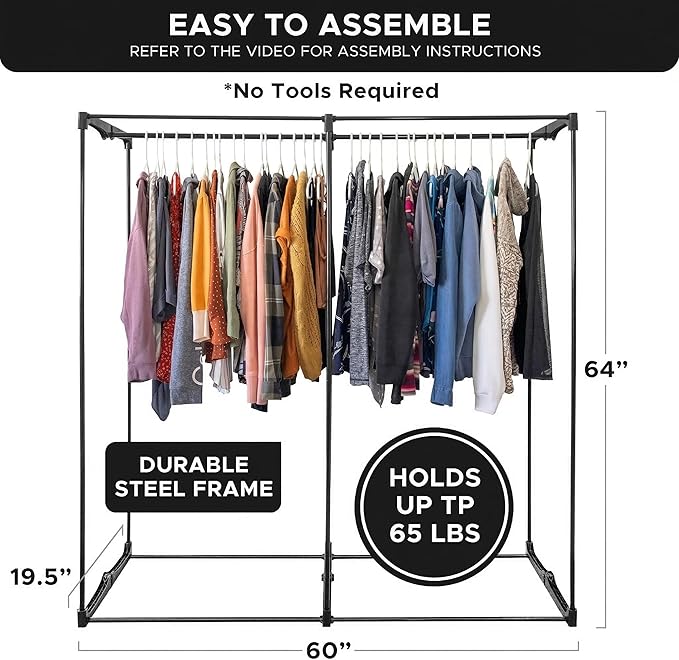 HOLDN’ STORAGE Portable Wardrobe Closet - 65 lb Large Capacity, Internal Heavy Duty Metal Rod, Zipper & Clear Window, Durable Clothes Organizer, Tool-Free Easy Assembly, Beige Canvas Cover