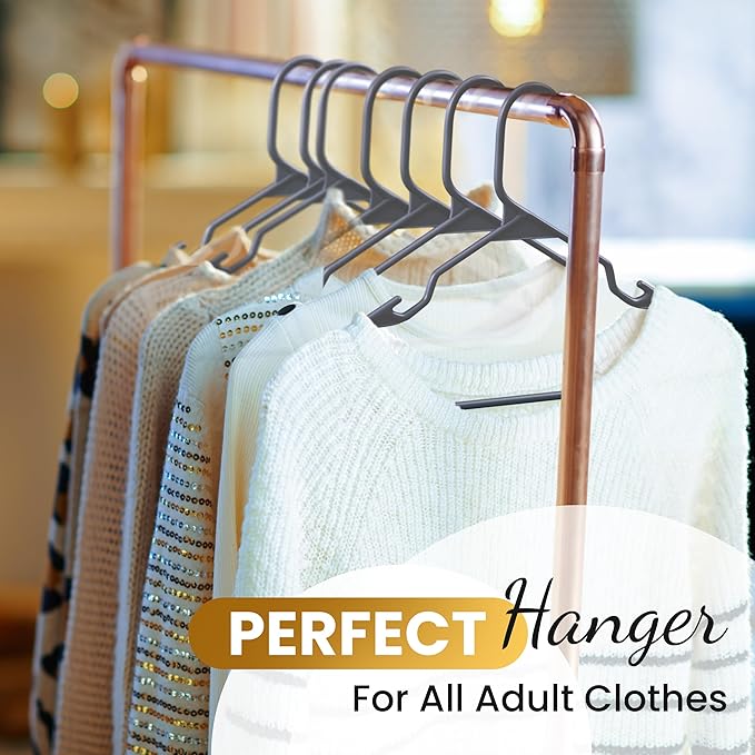 Our Modern Space 50 Pack Adult Plastic Hanger for Shirt Pants Coats Dresses Skirts Suits Jackets - Standard Thick Coat Hanger - Sturdy & Durable Design with Shoulder Grooves Hook - Grey