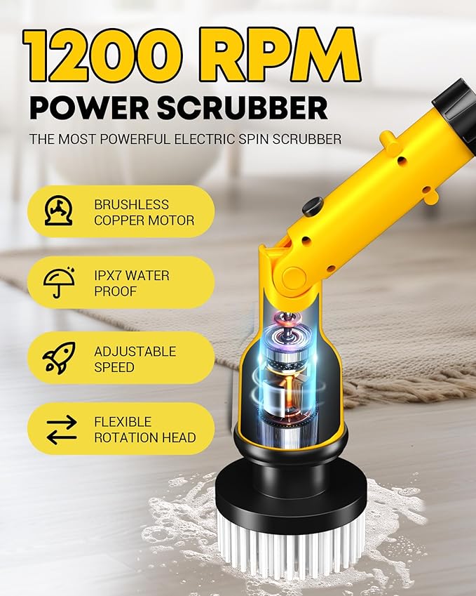 Electric Spin Scrubber with 3+ Hour Long Lasting Battery, 1000W/1200RPM High Power Cordless Clean Brush with 50IN Adjustable Long Handle, 4 Replacement Head for Bath/Tub/Tile/Floor