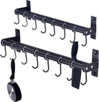 Dseap Pot Rack - Pots and Pans Hanging Rack Rail with 8 Hooks, Double Bars, Pot Hangers for Kitchen, Wall Mounted, Black, Pack of 2