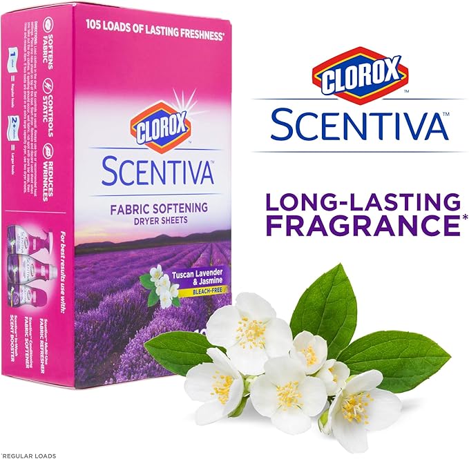 Clorox Scentiva Fabric Softening Dryer Sheets Fabric Sheets in Tuscan Lavender & Jasmine Scent Laundry Dryer Sheets for Fresh & Clean Clothes (Pack of 6, 630 Count Total)