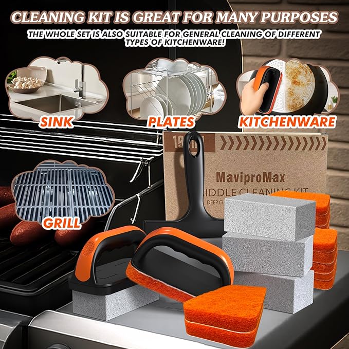 19 in 1 Griddle Cleaning Kit for Blackstone Accessories, Flat Top Grill Cleaning Kit w/Griddle Scraper, 4 Grill Stone, Griddle Brush Easy to Remove Stain - 5060