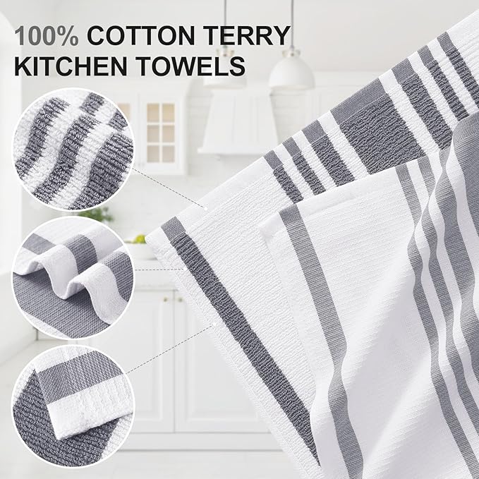 Homaxy Premium Kitchen Towels 18”x 28”, Large Cotton 380 GSM Kitchen Hand Towels, Stripe and Terry Dish Towel, Highly Absorbent Tea Towel Set with Hanging Loop, 12 Pack, Grey