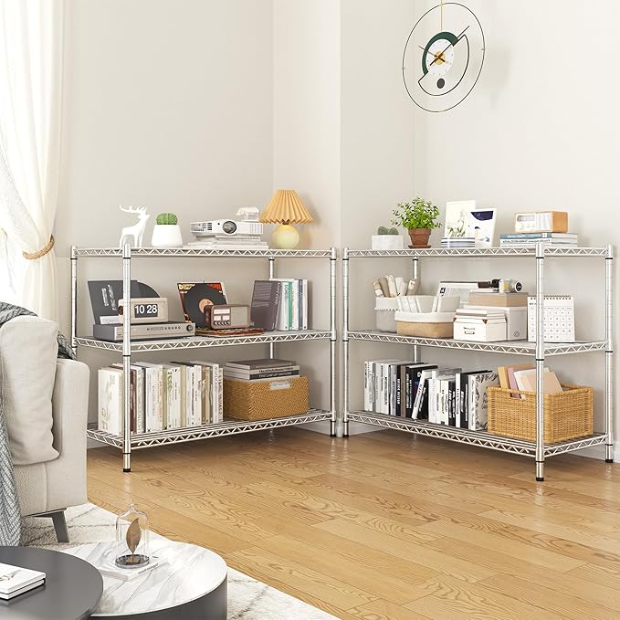 3- Shelf Metal Shelving Unit 35.6Wx14Dx36H,Adjustable Storage Shelves Heavy Duty Garage Steel Shelving for Office,Wire Rack Small Shelf for Kitchen Shelves Laundry Bathroom Pantry Closet,Chrome