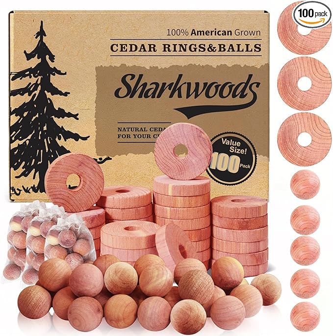 Cedar Blocks for Clothes Storage 100 Pack, 100% Natural Aromatic Cedar Rings and Balls for Closets & Drawers Freshener (60 Rings & 40 Balls)