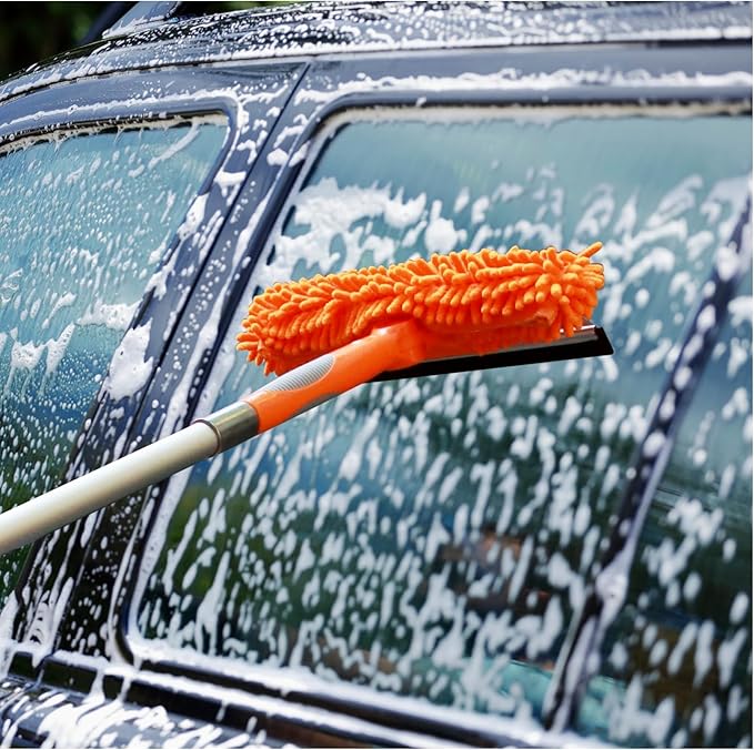 23 ft High Reach Window Squeegee & Cobweb Duster with Extension Pole, 2 in 1 Squeegee for Window Cleaning, Spider Web Brush with Lightweight 4-16.5 ft Telescoping Pole for Outdoor Indoor Car Cleaning