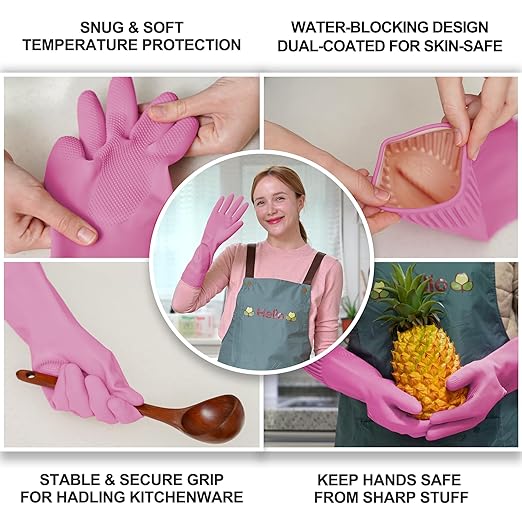 Reusable Waterproof Household Dishwashing Cleaning Rubber Gloves, Non-Slip Kitchen Glove (Pink, Small (Pack of 3))