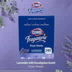 Clorox Fraganzia Fabric Softener Dryer Sheets, Wrinkle Reducing and Anti Static Laundry Dryer Sheets for Great Smelling Clothes, Softens Fabrics, Lavender with Eucalyptus Scent, 240 Count