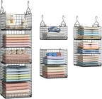 Yuyetuyo 5 Tier Closet Hanging Organizer and Storage Separable Hanging Closet Shelves with 4 Hooks 2 Adjustable Dividers, Wire Storage Basket Bins for Clothing Sweaters Socks Dolls Handbags, Foldable