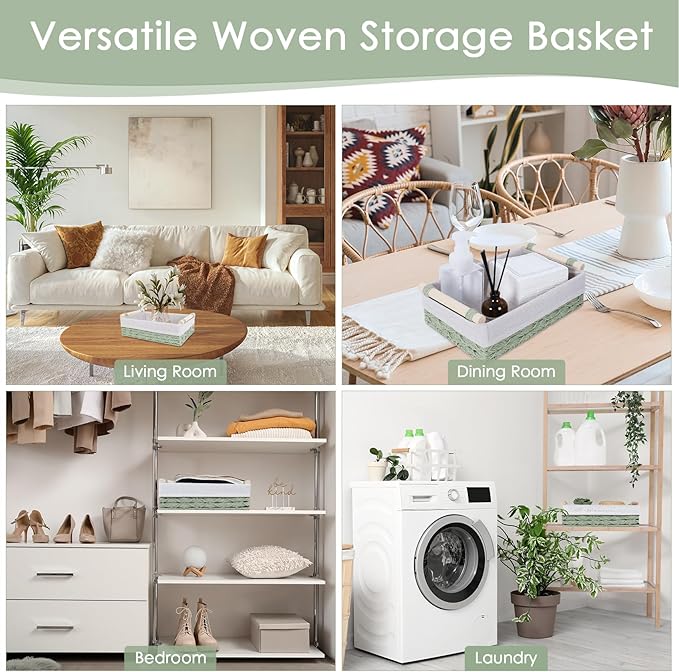 Wicker Storage Basket with Wooden Handle – Paper Rope Decorative Toilet Paper Baskets & Bathroom Organizer for Toilet Tank Top, Shelves, Bedroom, Countertop,Home,Office Storage Bins, 2 Pack,Sage Green