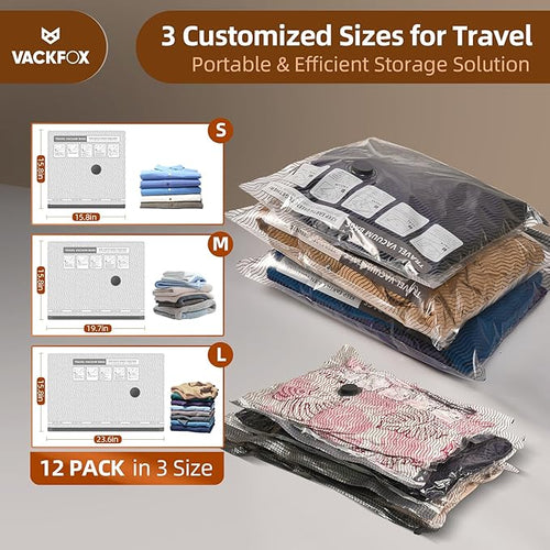 12 Pack Travel Vacuum Bags for Clothing,Compression Seal Packing Cubes for Suitcase Backpack,Vacuum Seal Bags for Clothing,Carry-on Size Space Saver Storage Bags 80% for Travel & Home(No pump)