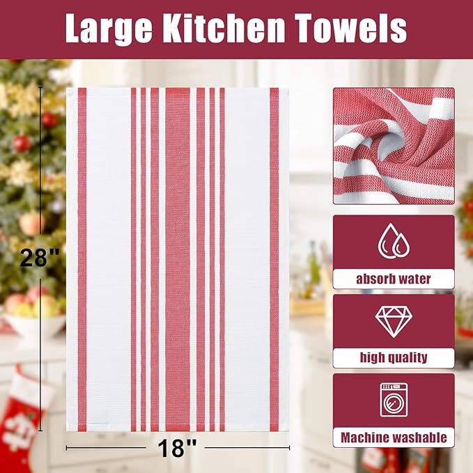 Homaxy Premium Kitchen Towels 18”x 28”, Large Cotton 380 GSM Kitchen Hand Towels, Stripe and Terry Dish Towel, Highly Absorbent Tea Towel Set with Hanging Loop, 8 Pack, Red