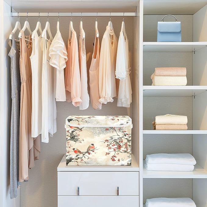Large Storage Bins with Linen Collapsible Foldable Storage Cubes Fabric Closet Organizer Containers box with Flip-Top Lid for Home Bedroom Office 16.7 x 12.6 x 11.8in (Pattern Color Bird Tree Fruit)