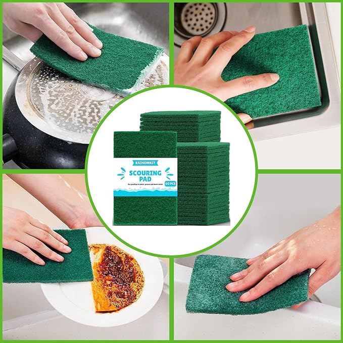 60 PCS Scouring Pads Heavy Duty, Reusable Multipurpose Scour Pads, 5.9 x 3.95 inch Household Scrub Pad for Cleaning, Green Dish Scrubber Scrubbing Pad for Dishes Sink Kitchen Metal Grills