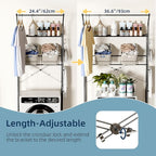 Laundry Room Storage Shelf, 2 Tier Metal Over Washer and Dryer Shelves, Washing Machine Shelf with Hanger Rods & Hooks, Expandable Bathroom Space Saver Shelf, 26–36.8" L x 18.3" W x 73.8" H, Black