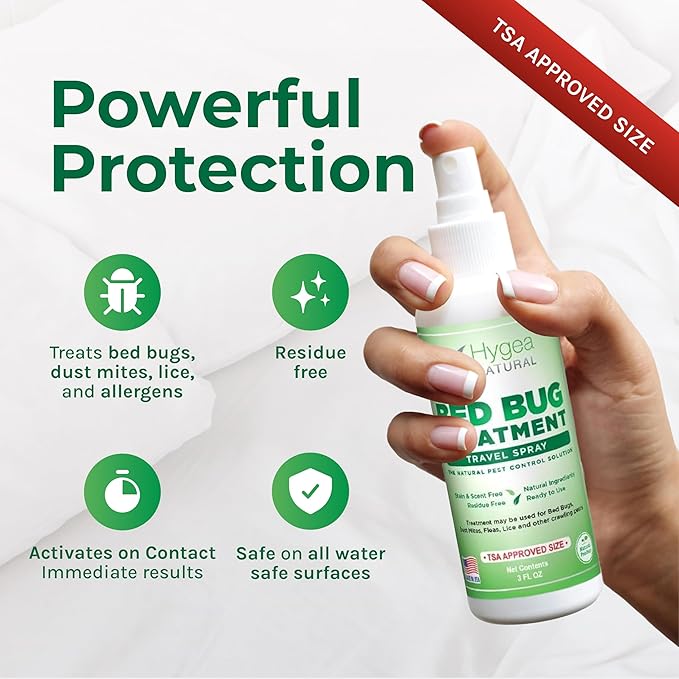 Hygea Natural Lice, Mite, and Bed Bug Natural Travel Spray - TSA Approved 3 oz Size Bottles - Child & Pet friendly - Stain & Odor Free - For Hotels, Suitcase, Backpack, Shoes - Bed Bug Spray (3 Pack)