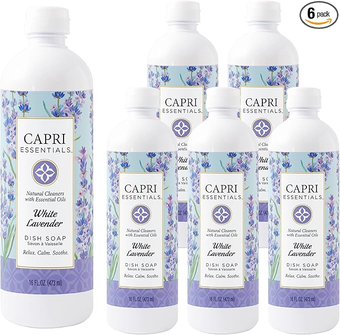 CAPRI ESSENTIALS Dish Soap Liquid, Natural Household Cleaning, Plant Based Aromatic Dish Detergent, Blend of Essential Oils with Juniper & Chamomile, White Lavender, 16 FL Oz (6 Pack)