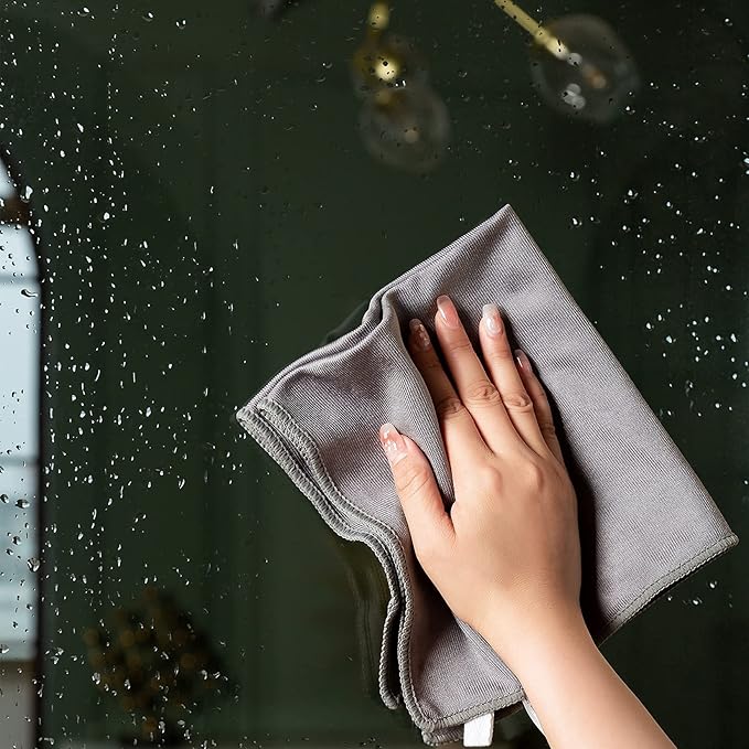 Puomue 6 Pack Microfiber Glass Cleaning Cloth, 16 Inch X 16 Inch, Lint Free Quickly Clean Window, Glasses, Windshields, Mirrors, and Stainless Steel, Grey