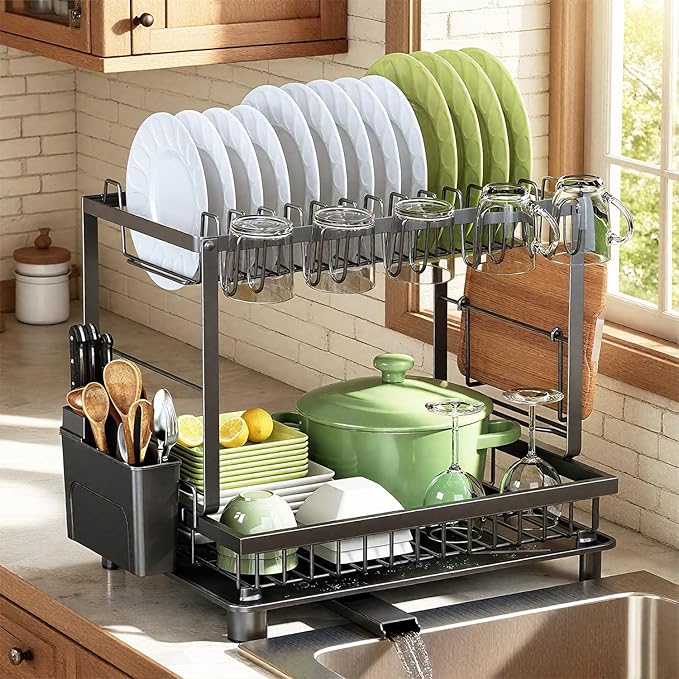 Dish Drying Rack, 2 Tier Space-Saving Dish Rack, Multifunctional Dish Drainer for Kitchen Counter with Drainboard/Utensil/Cup Holder Rustproof Carbon Steel, Black
