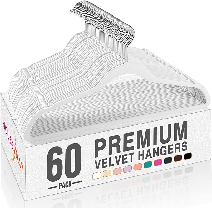 HOUSE DAY White Velvet Hangers 60 Pack, Non Slip Clothes Felt Hanger Heavy Duty for Coat, Premium Slim Space Saving Suit Hangers for Closet Organizer, 360° Rotating Silver Hook