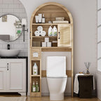 Spurgehom Over The Toilet Storage Cabinet, Bathroom Shelf Organizer Freestanding, Bathroom Arch Cabinet Over Toilet with Toilet Paper Holder and Anti-Tipping Device (Wood & Wicker Door)