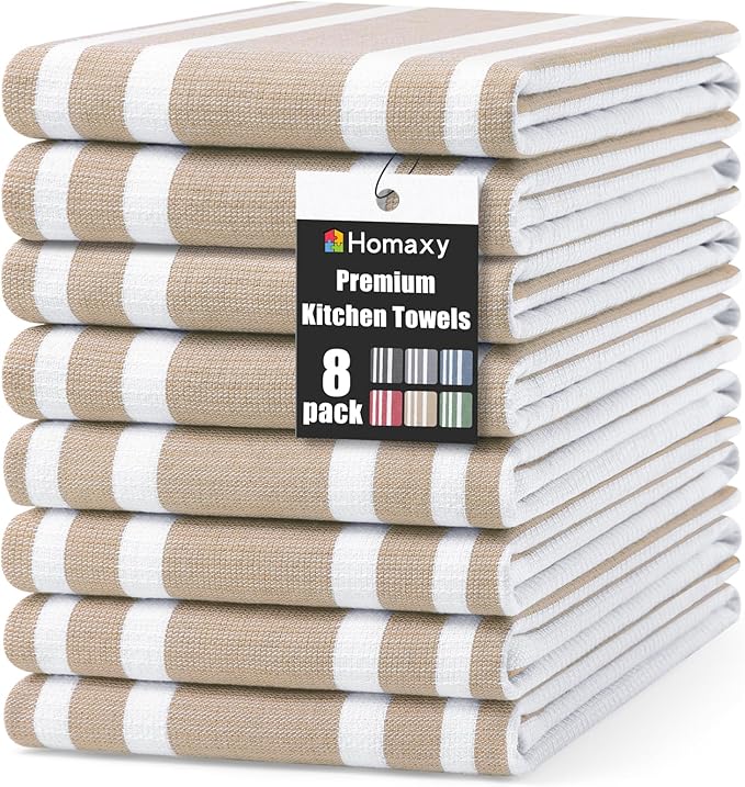 Homaxy Premium Kitchen Towels 18”x 28”, Large Cotton 380 GSM Kitchen Hand Towels, Stripe and Terry Dish Towel, Highly Absorbent Tea Towel Set with Hanging Loop, 8 Pack, Khaki