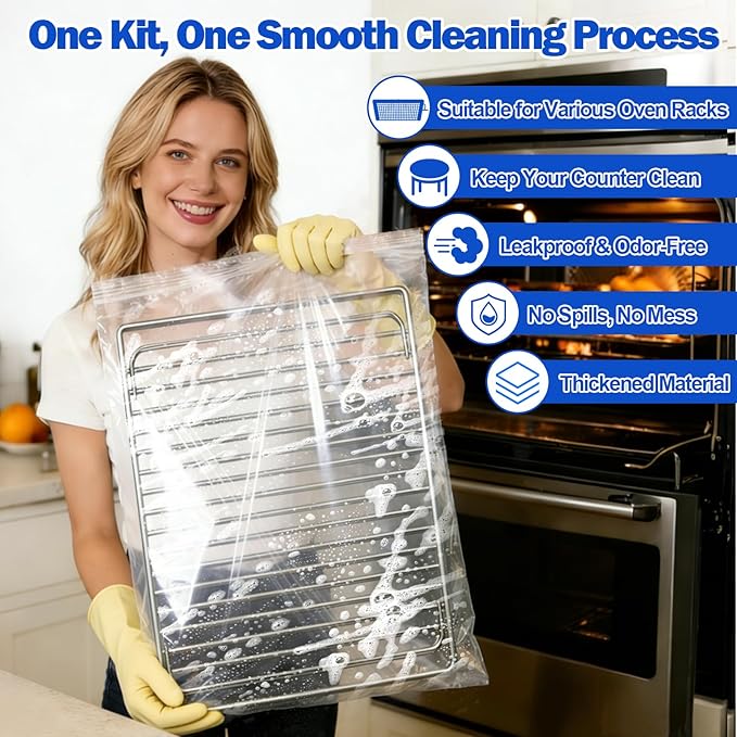 Palksky Oven Rack Cleaning Bags Kit, Reusable Soaking Bags with Brushes, Gloves & Cloth, No Mess Cleaning for Oven Racks, Grill Grates & BBQ Racks, No Cleaner Included, 9 Packs