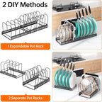 MUDEELA Expandable Pots and Pans Organizer Rack under Cabinet, Pots Lid Organizer Rack for Kitchen Cabinet Organizers and Storage with 12 Adjustable Dividers Cutting Board Holder & Anti-Scratch Strips