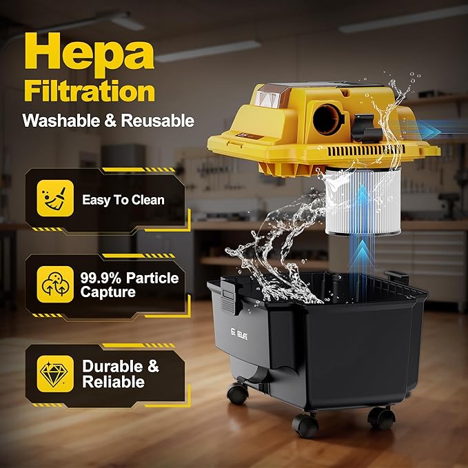 GEVEELIFE Cordless Shop Vac Wet and Dry, 4.3 Gallon Shop Vac with 5.0Ah Battery Powered, Fast Charger, HEPA Filter, Strap & Wheels, 3-in-1 Wet Dry Vacuum Cleaner for Garage, Car, Workshop