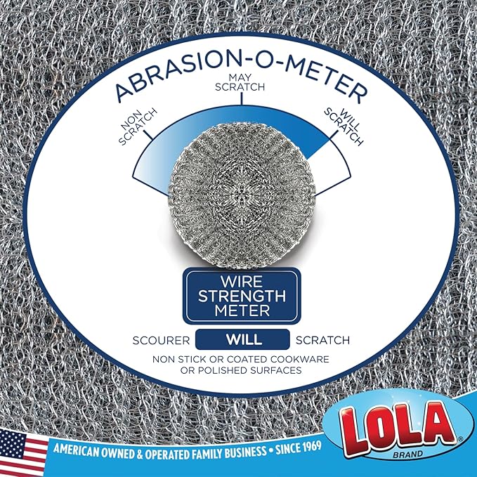 LOLA Steel Wool Wire Mesh Scouring Pad, 2 Pack, 4" Jumbo, Galvanized Steel, Heavy Duty Cleaning, Abrasive Scrubber, for Pots, Pans, Ovens, Grills