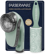 Farberware Fabric Shaver & Lint Remover Set–Battery Operated Sweater Shaver with Triple Blades and Extra Sticky Roller for Pet Hair, Fuzz & Pilling on Clothes, Upholstery & Bedding (Sage, Large)