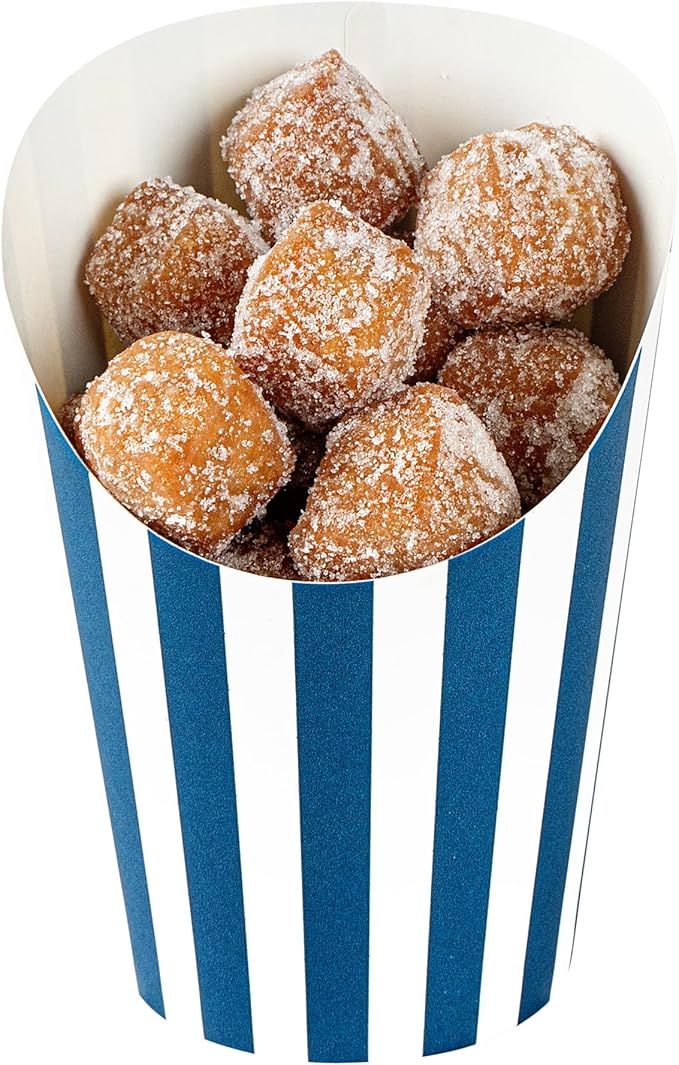 Restaurantware Bio Tek 12 Ounce French Fry Containers 100 Disposable Charcuterie Cups - Incline Design Round Striped Paper French Fry Cups Stackable For Waffles Chips or Popcorn