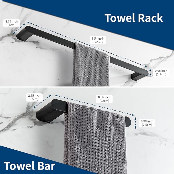 Bathroom Hardware Set, 4-Piece Towel Rack Towel Bar Towel Holder Toilet Paper Holder Towel Hooks Wall Mounted Bath Towel Bars Matte Black Stainless Steel Bathroom Accessories Set, 16 inch
