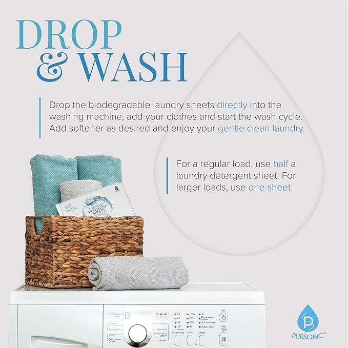 Pursonic Eco Laundry Detergent Sheets - 30 Sheet (60 Loads) Natural Zero Plastic Laundry Sheets with Powerful Cleaning Power - Travel Essentials, Quick-Dissolving & Mess-Free (Fresh Linen)
