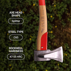 Adler - The Short Splitter, Hickory Wood, Leather Sheath, German Made, Anti-Slip Wood Splitting Axe, Head 2.7 pounds, Handle 19.6 inches