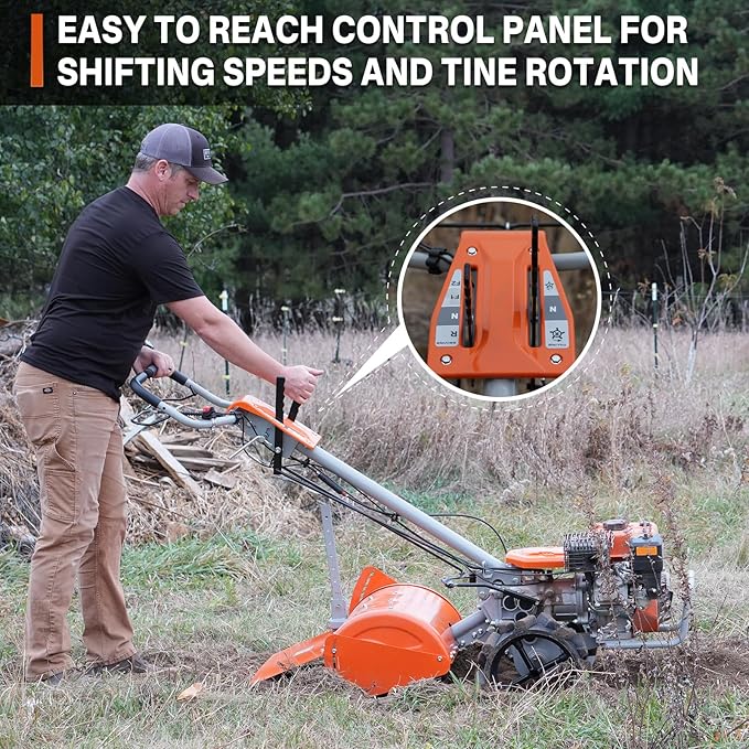 NOVUS 18-Inch Dual Direction Rear Tine Tiller, 212cc 4-Cycle Gas Engine, Full Gear Transmission, Dual Rotating Tines, Airless Tires Gas Tiller for Small to Large Gardens