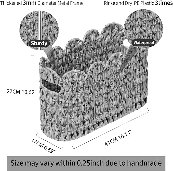 Grey Toilet Paper Storage Basket,Scalloped Baskets for Bathroom Organizers and Storage,Waterproof Plastic Wicker Basket for Bathroom,Laundry Room