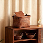 15L Laundry Baskets Waterproof Storage Baskets For Shelves Large Laundry Hamper With Leather Handle -set of 6 Cube Organizers Woven Bins for Bathroom,Bedroom,Pantry,Clothes,Car & Towels-Brown