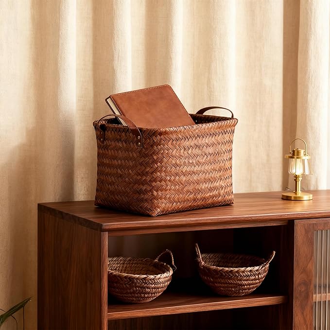 15L Laundry Baskets Waterproof Storage Baskets For Shelves Large Laundry Hamper With Leather Handle -set of 6 Cube Organizers Woven Bins for Bathroom,Bedroom,Pantry,Clothes,Car & Towels-Brown
