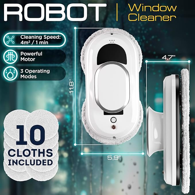 White Automatic Window Cleaner Robot W100, 11.8 x 5.9 x 4.7 Inch with 3 Modes and 10 Cloth Pads. Window Vacuum Cleaner for Windows Without Water Spray. Automatic Glass Cleaner Vacuum, 72dB