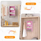 Hanging Closet Organizer and Storage 3-Shelf, Easy Mount Foldable Hanging Closet Wardrobe Storage Shelves, Clothes Handbag Shoes Accessories Storage, Washable Oxford Cloth Fabric, Pink