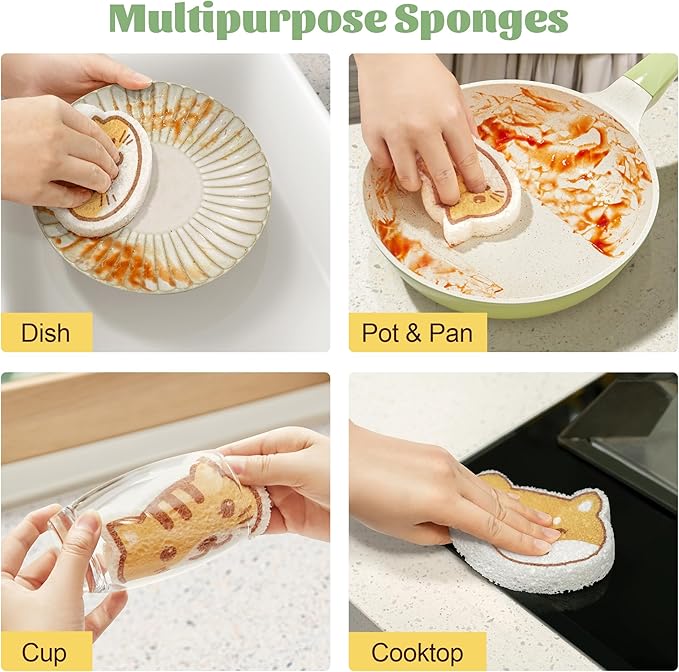 JOYMOOP Cartoon Kitchen Sponge, Non-Scratch Sponges for Dishes, Natural Cellulose Sponges for Cleaning, Reusable Sponge for Household Cleaning - 18 Pcs Mixed Pattern (Kitten, Doggy and Piggy)