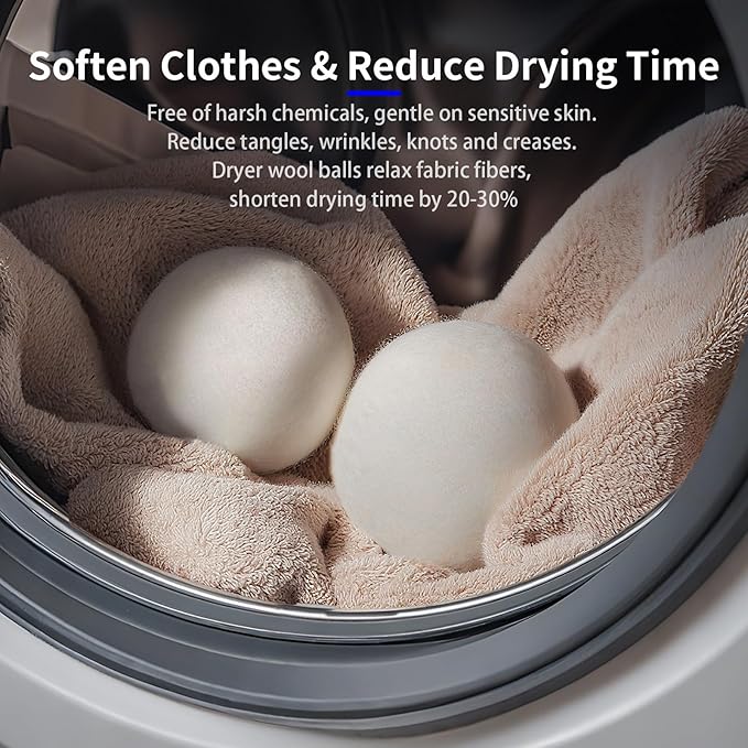 Wool Dryer Balls 6-Pack L - Natural Reusable Laundry Fabric Softener, Reduces Wrinkles & Drying Time, Hypoallergenic, Leaves Fabrics Naturally Soft and Fluffy