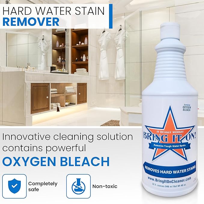 Bring It On Cleaner Hard Water Stain Remover + Grout Brush Cleaner Drill Brush Set, Shower Door, Tile Floor Cleaner, Great Baseboard Cleaner Tool Attachment 16 Fl Oz