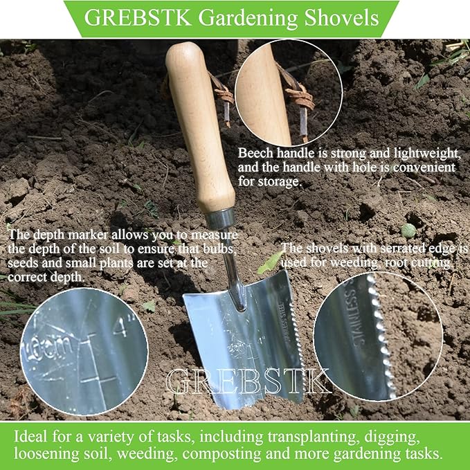GREBSTK Gardening Serrated Shovels Stainless Steel Transplanter Garden Trowel Depth Marker Measurements Shovel Weeding Tool