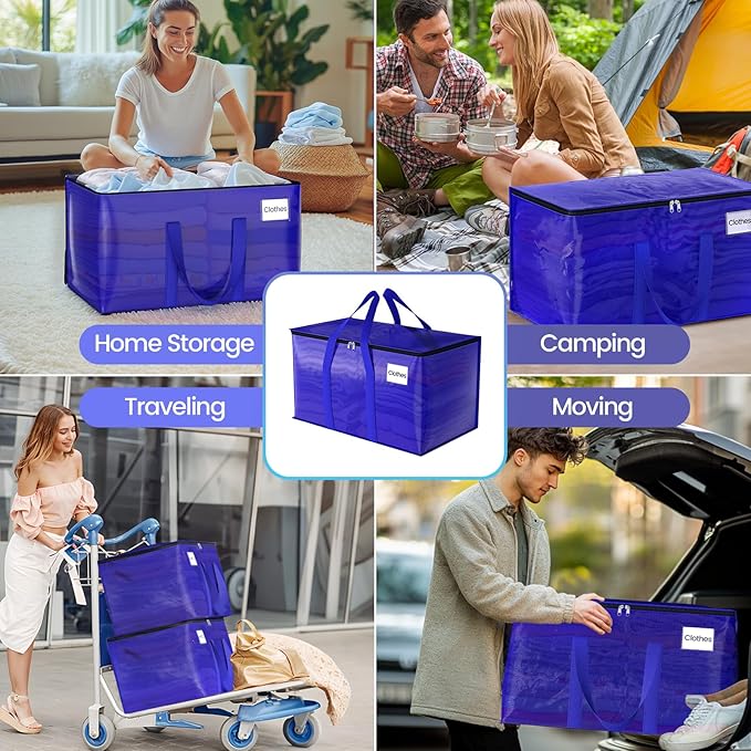 FabSpace 8 Pack Moving Storage Bags Heavy-Duty with Zippers and Reinforced Handles, Moving Supplies Packing Boxes for Moving, Storing, Saving Space, Blue Plastic Storage Totes 93 L(24 Gallon)